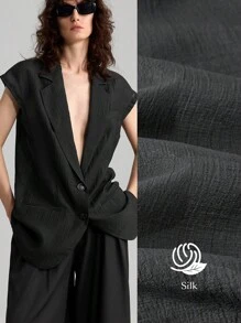 Ontre Women's Casual Black Blazer: Thigh-Length Cap Sleeve Woven Fabric Jacket With Lapel Neckline And Pockets, Semi-Sheer And Perfect For Summer - Black - View 10