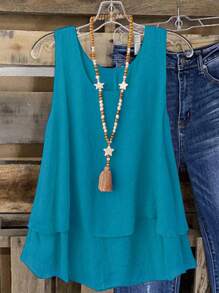 Linhara Camiseta sin tirantes con doble capa de volantes, estilo retro dulce y de vacaciones en la playa, para mujeres de talla grande - azul real - Ver 1