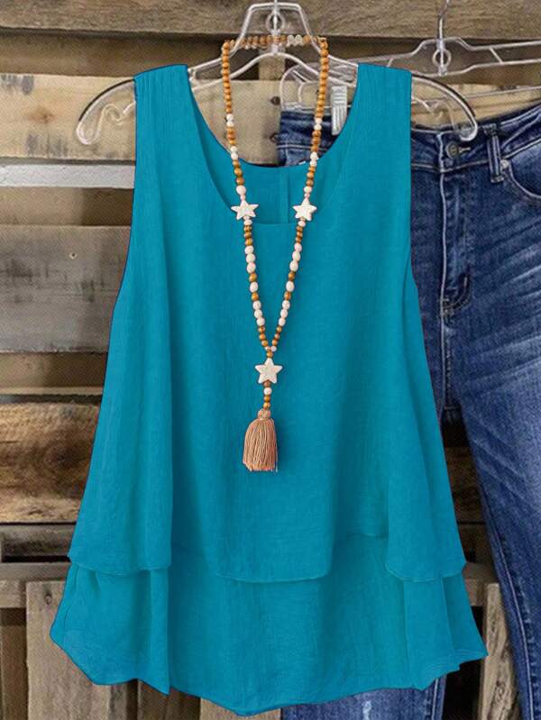 Linhara Plus Size Women Summer Beach Vacation Dopamine Sweet Retro Double-Layer Ruffle Camisole