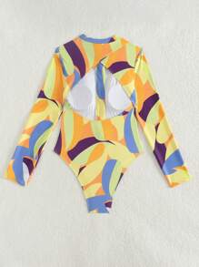 Swim SPRTY 女士海滩夏季服装 - 随机多色印花拉链设计长袖连体泳衣，度假/冲浪运动泳装 - 彩色 - 查看 2