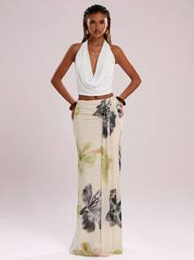 SHEIN BAE Áo hở lưng xếp ly hở lưng gợi cảm cho nữ, mùa hè - trắng - Xem 6