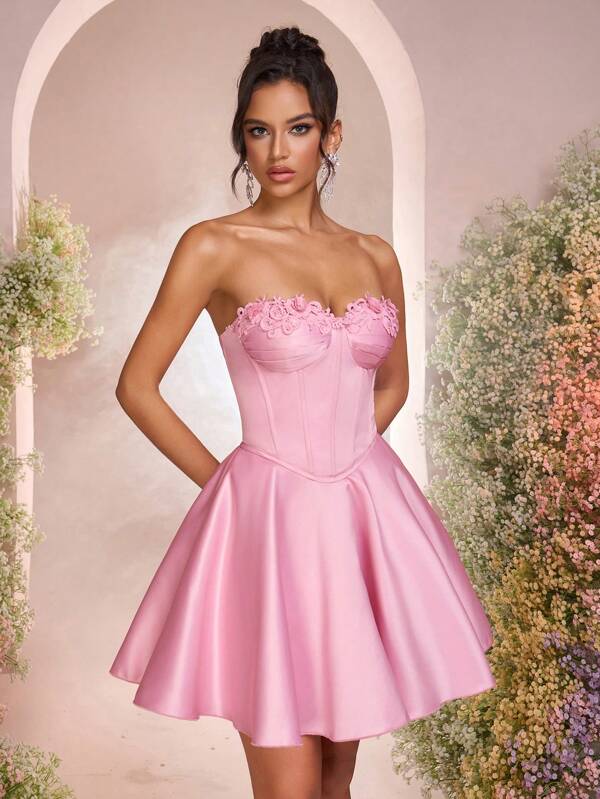Lovelzi Elegant Romantic Pink Satin & Tulle Patchwork Applique Decor Bustier Mermaid Maxi Dress With Adjustable Back Tie, Suitable For Birthday Party, Date, Wedding, Formal Gala