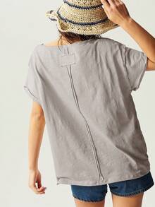 SHEIN BohoFeels 女士纯色针织超大圆领短袖休闲衬衫 - 杏色 - 查看 7