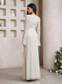 Veilorie Đầm Ả Rập dài tay cổ bèo nhún thanh lịch cho nữ - Màu vàng - Xem 3