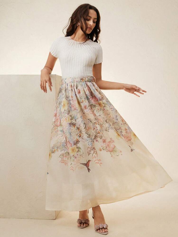 Elegant & Intellectual Women's Chiffon Digital Placement Print Flared Mid-Length Skirt, Spring/Summer