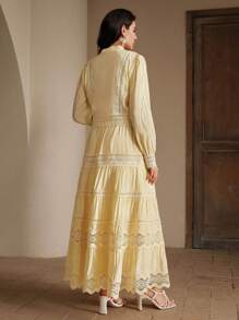 Anewsta Women's Elegant Lace Embroidery Hollow Out Shirt Top And Skirt 2 Pieces Set, Spring/Summer, Festival/Graduation, Butterscotch Yellow - Yellow - View 2