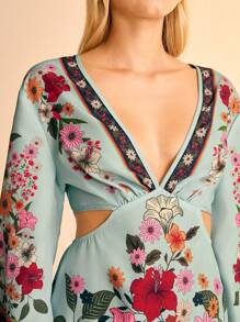 CAJUNI Đầm ngắn hở lưng cổ chữ V in họa tiết hoa nhiệt đới Boho dành cho nữ - Nhiều màu - Xem 5