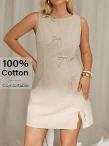 Auralis Plus-Size Women's Dress, 2025 New Release: Bohemian Office Casual Siren Mini Dress - Linen-Cotton Blend Beige Sleeveless Dress With Bowknot Detailing, A-Line Summer Work To Weekend Outfits,Vacay Outfit,Teacher Outfits For Women Valentine's Day Outfit