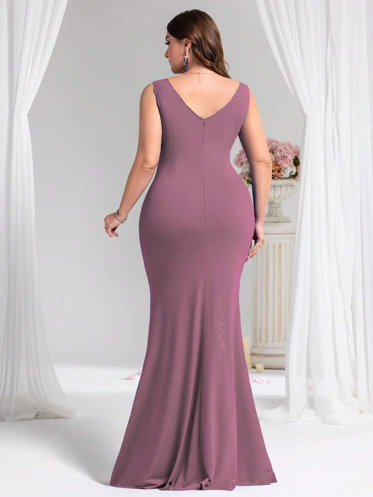 Coutiva Royal Solid Color Spaghetti Strap V-Neck Beaded Decor Side Slit Evening Dress - Pink - View 2