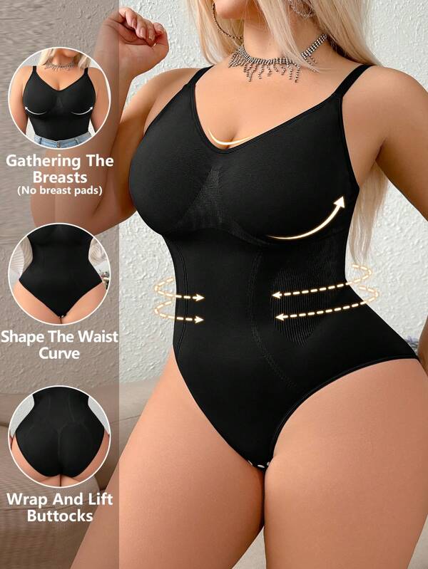 SHEIN 1pc Women Plus Size Seamless Shapewear All-In-One Bodysuit, Waist & Abdomen Slimming, Snap Crotch, Can Be Worn Outerwear
