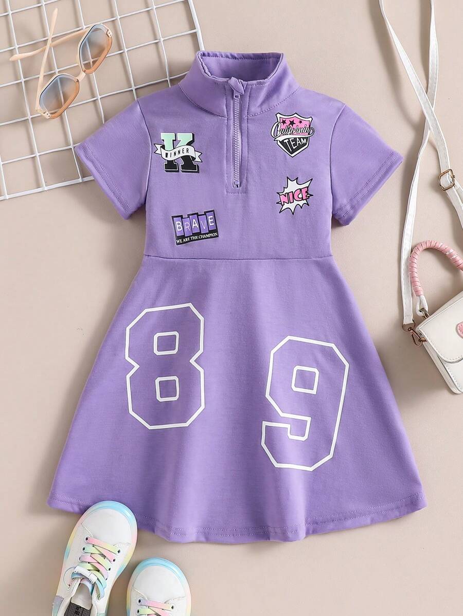 SHEIN Young Girl' Printed Front A-Line Dress, Fashion Spring & Summer - Purple - View 1