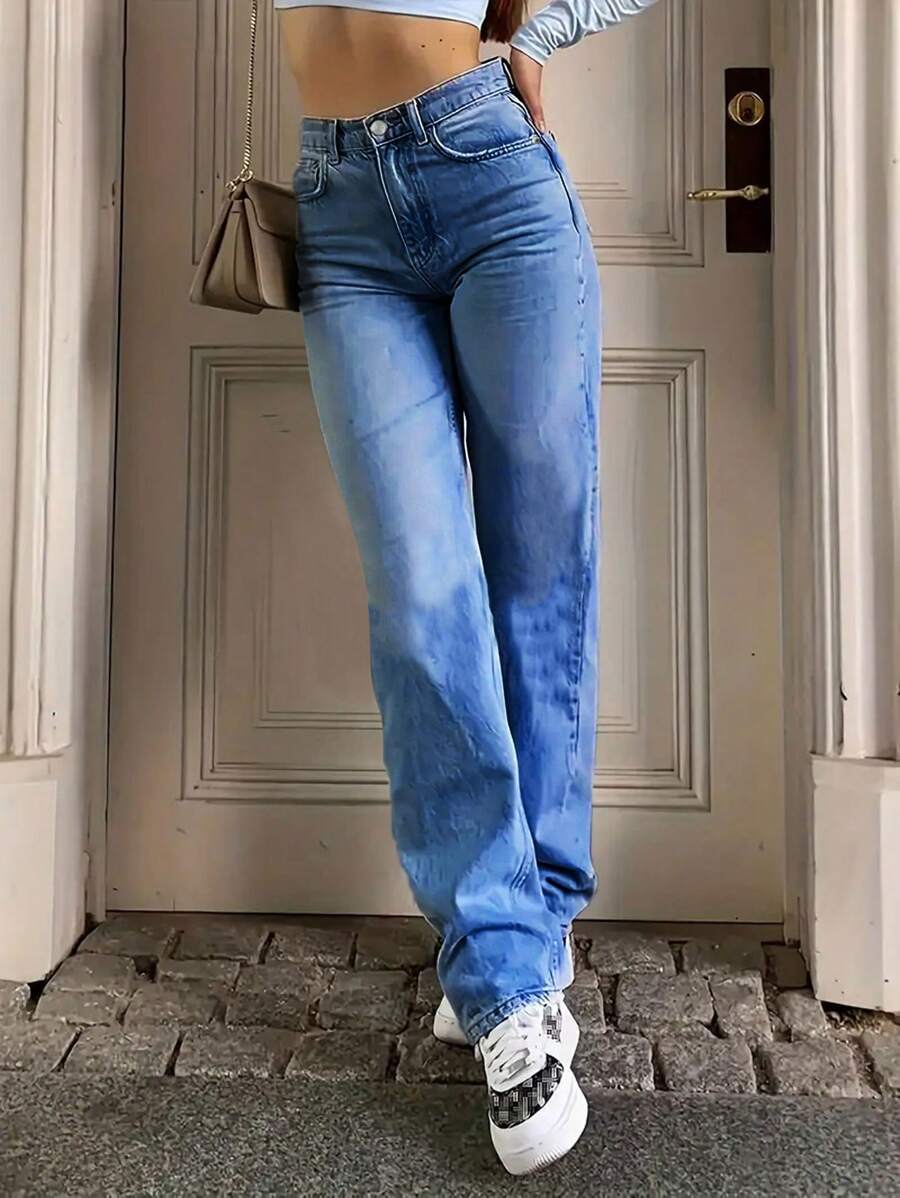 SHEIN ICON 女式休闲石洗修身无弹力牛仔裤 - 中等水洗藍 - 查看 1