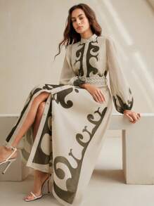 Anewsta 长袖节日束腰灯笼花卉印花休闲优雅女式连衣裙