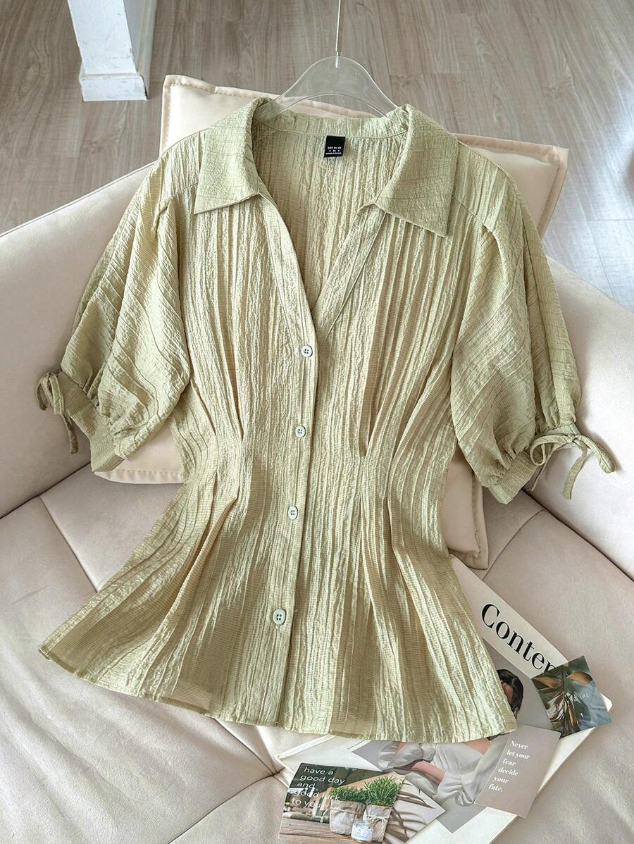 Modelyn Women's Solid Color Casual Short Sleeve Blouse - Olive Green - View 1