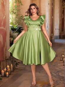 Aureia Plus Size Olive Green Spring Elegant Formal Prom Wedding Dress,Handmade Beaded Patchwork 3D Ruffle Trim Shoulder Luxury A-Line Ballroom Gown - Green - View 6