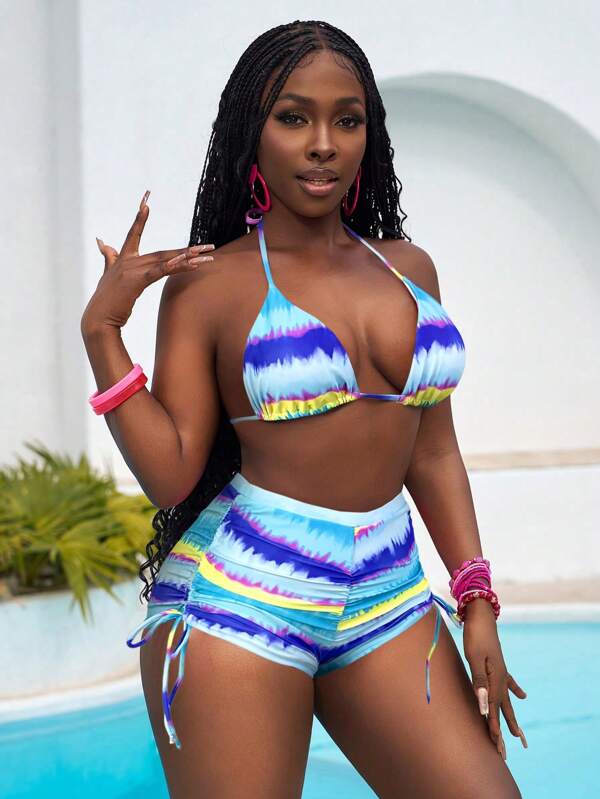 Slaydiva Summer Vacation Ombre Printed Ruched Sexy Bikini Two-Piece Swimsuit With Beach Shorts Set Colorful Bikini Set Two Piece Swimsuit Set 2 Piece Vacation Set Women Tie Dye Bikini Set High Waisted Bikini Set