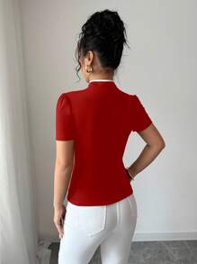 Elenzga Camiseta de manga corta de verano con cuello alto ajustada y logo de Tencent para mujer - Rosa Roja - Ver 2