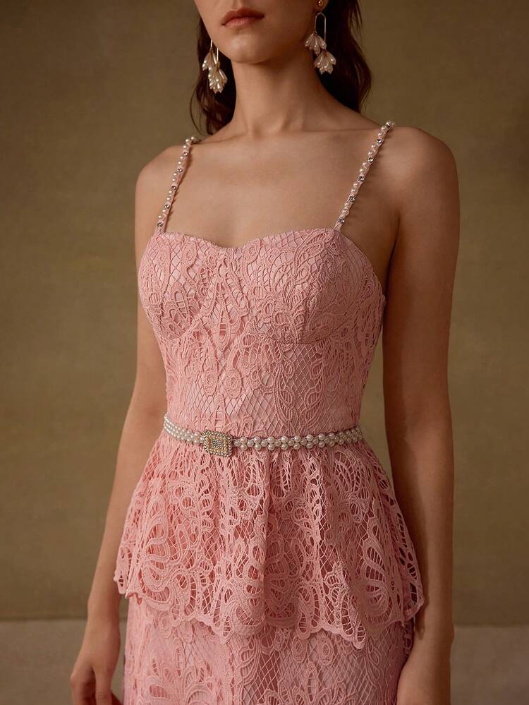 LACE FAUX PEARL BELT DRESS