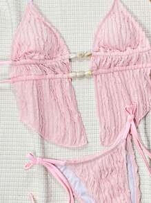 Swim SXY 女士纯色提花面料细肩带露背系带吊带性感可爱女孩沙滩比基尼泳装套装 - 粉色 - 查看 3