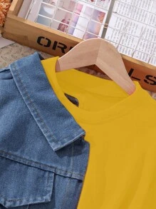 Tween Girls Cotton Denim Patchwork Casual Dress - Yellow - View 7