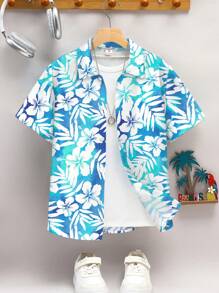 SHEIN Leap Crew Teen Boys' Holiday Tropical Plant Print Single Breasted Short Sleeve Shirt, Suitable For Summer - Multicolor - View 1