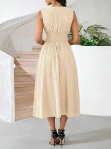 SHEIN Lady 节日连衣裙 女士中长款无袖夏季连衣裙 绿色编织纹理面料 - 杏色 - 查看 2