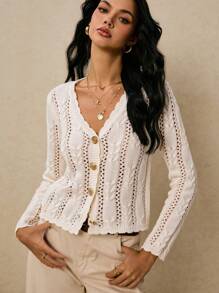 Poéselle Countryside Style Apricot Color Hollow Out Long Sleeve Knitted Cardigan In Fall/Winter - Apricot - View 3