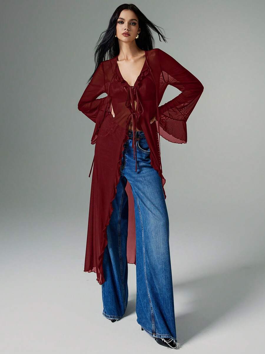 Poéselle Y2K系带网纱长袖喇叭袖口网纱哥特式上衣