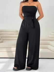 Solflare 2 件套休闲短款上衣和直筒裤套装，黑色，加大码 - 黑色 - 查看 8