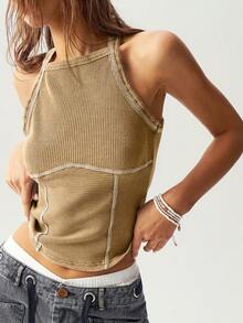 Bohemela Casual Solid Color Knit Slim Fit Women Tank Top - Khaki - View 7