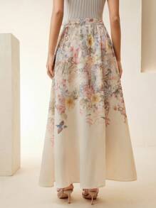 Anewsta Elegant & Intellectual Women's Chiffon Digital Placement Print Flared Mid-Length Skirt, Spring/Summer - Apricot - View 2