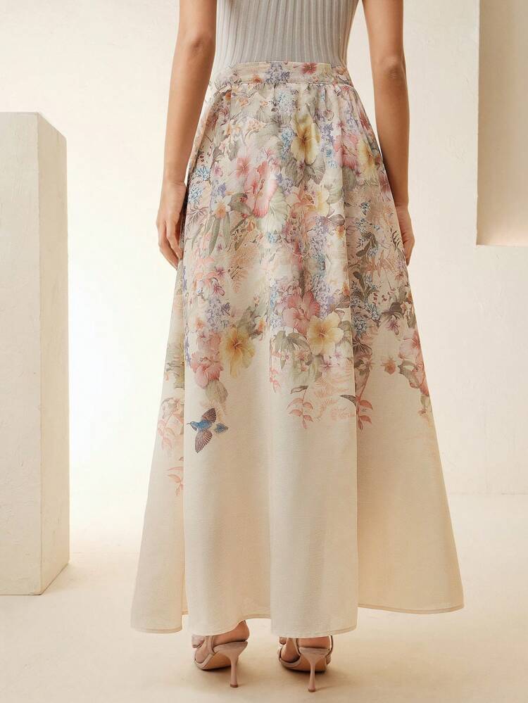 Elegant & Intellectual Women's Chiffon Digital Placement Print Flared Mid-Length Skirt, Spring/Summer