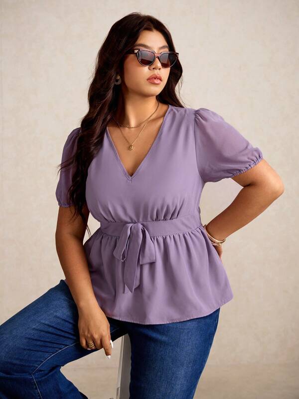 Elaquor Plus Size Women V-Neck Tie Waist Design Purple Short Sleeve Shirt, Suitable For Holiday & Work, Fashionable Casual Blouse For Spring/Summer