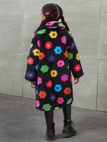 SHEIN Young Girl Knit Floral Pattern Cropped Fluffy Cardigan,In Fall/Winter - Black - View 8