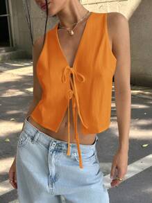 Comfortcana Blusa casual in lino estiva da donna con laccio al collo