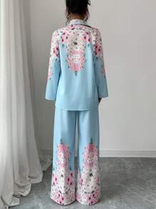 Modelyn 2件套女士花卉印花前扣长袖上衣和长裤套装 - 藍色 - 查看 2