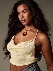 MISSGUIDED 串珠装饰针织挂脖背心夏季节日短款上衣波西米亚风海滩度假围脖领毛衣背心 - 黃色 - 查看 4