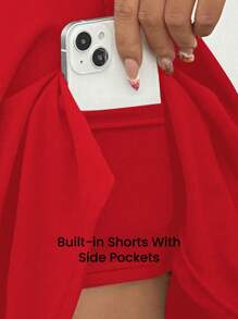 Core Rhythm Váy mini thể thao thời trang cạp cao màu trơn thiết kế túi, mùa hè - Đỏ - Xem 5