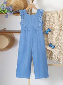 全新少女夏日度假荷叶边袖+蝴蝶结后背蓝色阔腿连体裤 - 藍色 - 查看 5