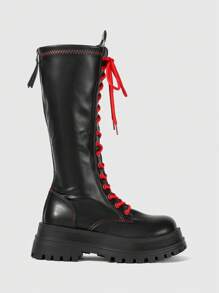 ROMWE Goth Women's Knee-High Boots Fashionable Lace-Up Thick-Soled Chunky Heel Women's Boots