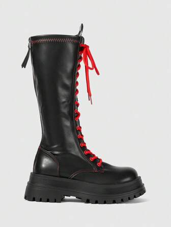 Goth Women's Knee-High Boots Fashionable Lace-Up Thick-Soled Chunky Heel Women's Boots