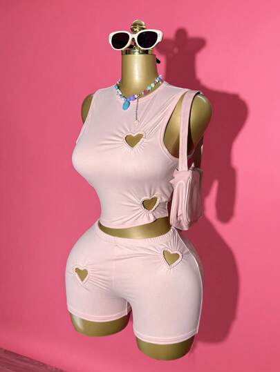 Slaydiva 2025夏季新款适合生日派对、返校季、学生装、日常出游、基础百搭、休闲日常居家个性街头粉色修身弹力针织心形镂空不对称分布无袖短款背心上衣和修身超短骑行裤夏季套装女两件套