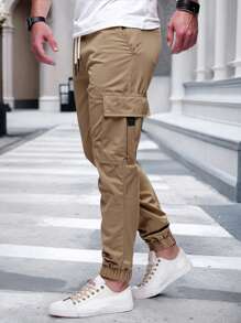 Manfinity Homme Men's Elastic Waist Drawstring Cargo Pants With Pockets - Khaki - View 4