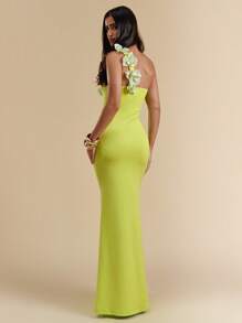 SHEIN BAE 纯黄绿色深V领不对称肩部紧身长款鱼尾连衣裙，优雅海滩度假连衣裙，春夏