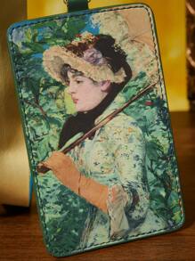 SHEIN Touch of Art 1 件 PU 皮革人物图形卡夹挂绳，可容纳 1-2 张卡片，1 个透明窗口，颈带方便携带，适合男士、女士、学生、奥斯卡-克劳德莫奈、艺术、优雅 - 綠色 - 查看 3