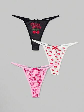 Kawaii Set de 3 piezas de tanga con cadena de metal con diseño de mariposa y cereza