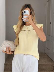 Easowa Camiseta casual de cuello redondo para mujer con bloqueo de color, volantes y color crema amarillento, para primavera/verano