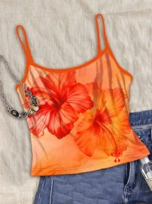 SHEIN EZwear Camiseta de tirantes de estilo vintage casual/vacacional, sexy y linda, con estampado de flor de hibisco naranja en efecto tie-dye, diseño gráfico con acuarela floral y cocotero, estilo bohemio y adecuada para el verano