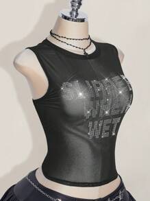 SHEIN ICON 加大码 Y2k 夏季黑色网眼透视性感水钻闪光女式水钻字母网眼露背紧身吊带背心 - 黑色 - 查看 7