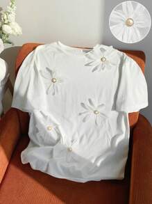 Comfortcana Summer  Dropped Shoulder Floral Decor Loose Casual T-Shirt - White - View 5